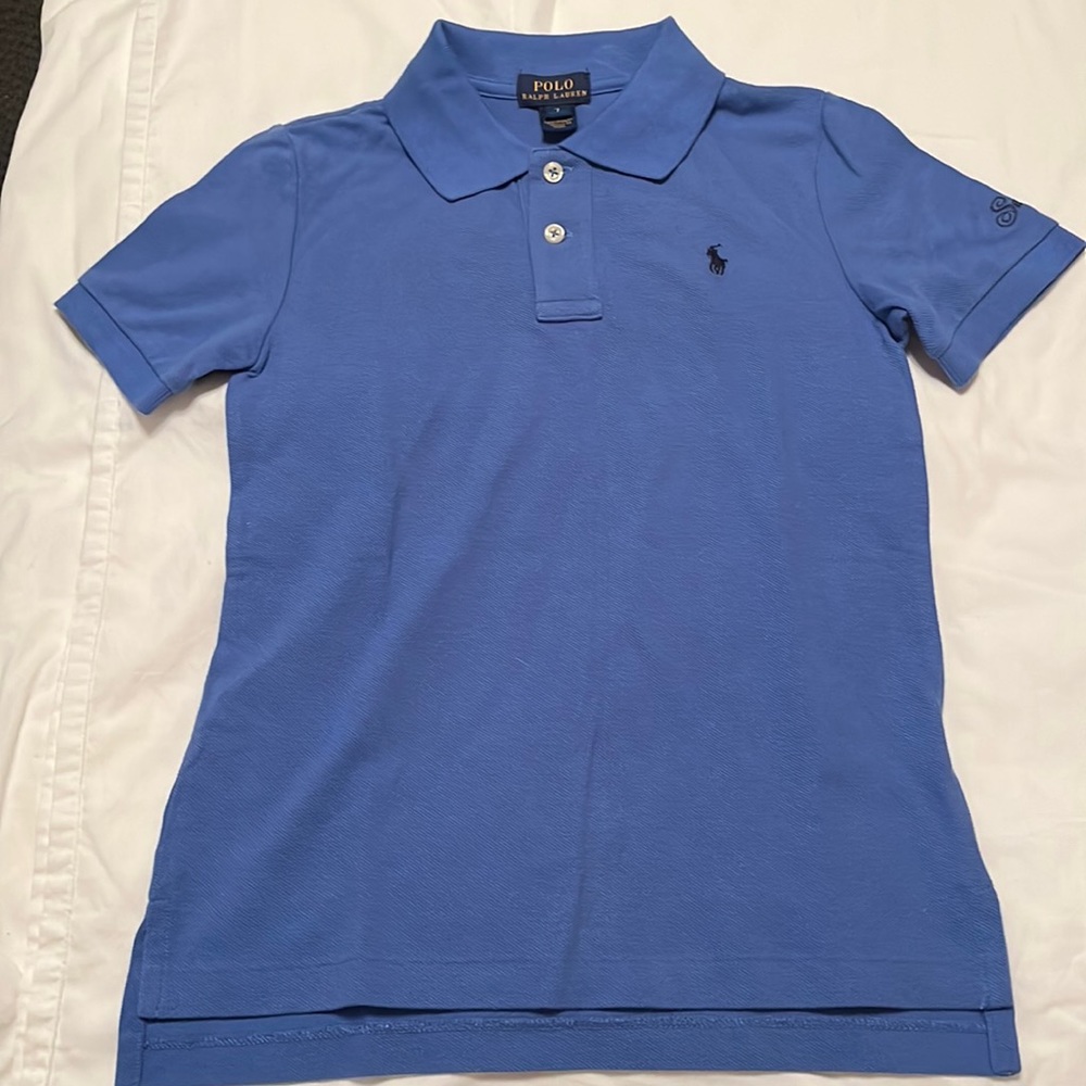 Youth Size 7 blue traditional cotton Polo “Sea Island” short sleeved shirt